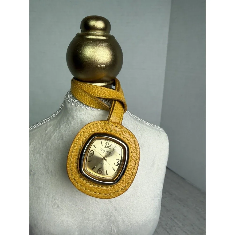 Vintage Joan Rivers Classics Mustard Yellow Leather Bag Charm Watch Square Gold